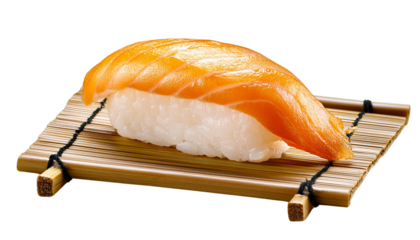 Delicious sushi with fresh salmon on a bamboo mat, perfect for food lovers and culinary enthusiasts.