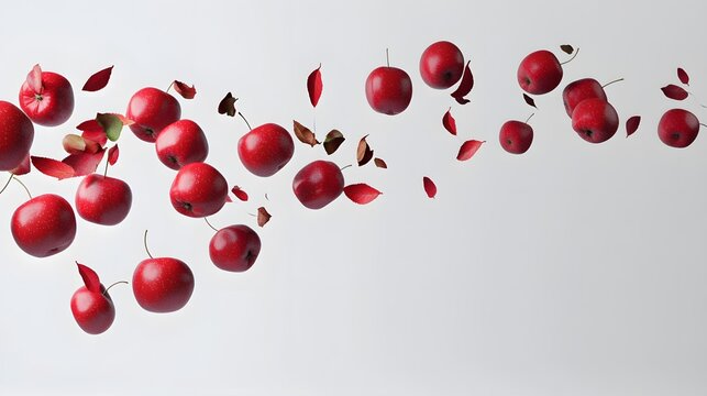 Dynamic sequence of falling apples on a white backdrop