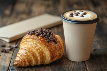 Delicious take-away coffee and a chocolate-topped croissant on a rustic wooden background for a perfect breakfast moment