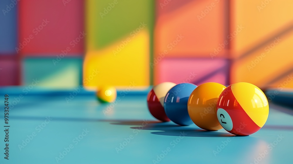 Wall mural Pool balls on the pool table isolated on colorful background