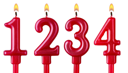 Four vibrant red birthday candles shaped like the numbers 1, 2, 3, and 4, lit and ready for a celebratory cake.