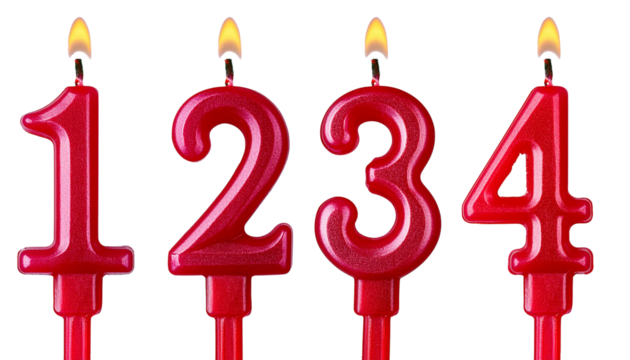 Four vibrant red birthday candles shaped like the numbers 1, 2, 3, and 4, lit and ready for a celebratory cake. - Powered by Adobe