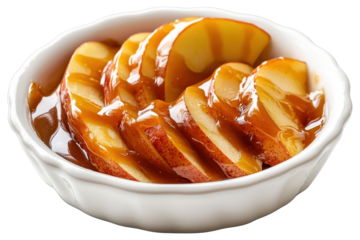 Fresh apple slices glazed with sweet caramel syrup served in a white bowl, perfect for dessert or snack ideas.