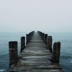 Fototapeta premium Vast Deserted Pier with Old Wooden Posts: A Rustic Background for Nostalgic Themes