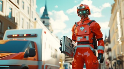 Futuristic Robot Paramedic with Medical Kit Standing by Ambulance Outdoors