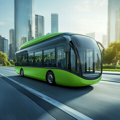 Obraz premium Modern Electric Bus Design with Vibrant Green Details: Pioneering Sustainable Transit