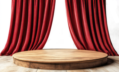 Elegant Red Curtain on Wooden Round Stage, Dramatic Scene Setup for Theater or Event Venue