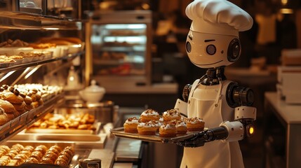 Obraz premium Robotic Baker with Fresh Pastries in Warm Bakery Atmosphere
