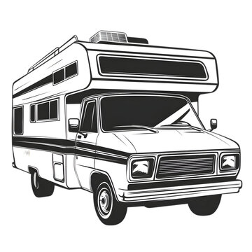 recommend clip art: Black and white illustration of a vintage RV.