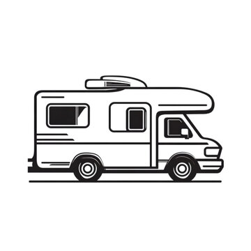 recommend clip art: Black and white line art illustration of a camper van.