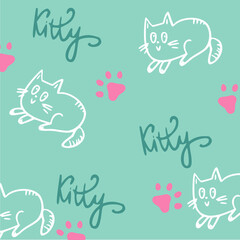 Seamless pattern with cute colorful Cats. Funny pet charactes Hand drawn vector illustration. Good for fabric, textile