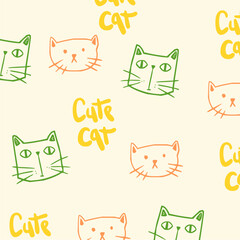 Seamless pattern with cute colorful Cats. Funny pet charactes Hand drawn vector illustration. Good for fabric, textile