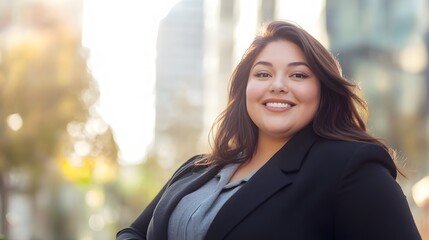 Naklejka premium A Woman in a Black Blazer Smiling in an Urban Setting