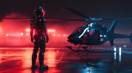 Futuristic Robot Pilot Standing Beside Helicopter on Illuminated Airfield