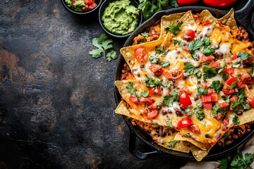 Delicious nachos topped with cheese and fresh ingredients.