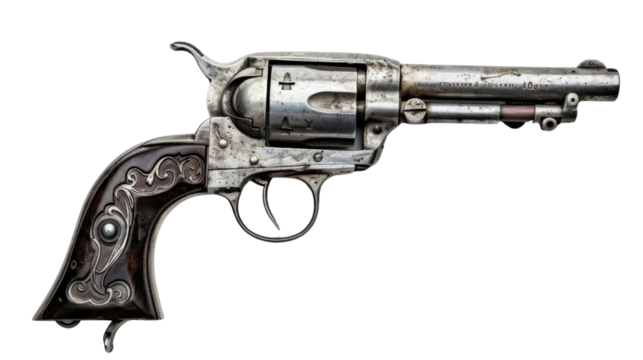 An old silver revolver on transparent background