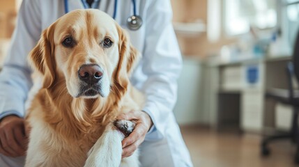 Veterinarian carefully examining a pet dog, a Golden Retriever's injured paw in a clean clinic, stethoscope around neck, dog showing calm expression during treatment.