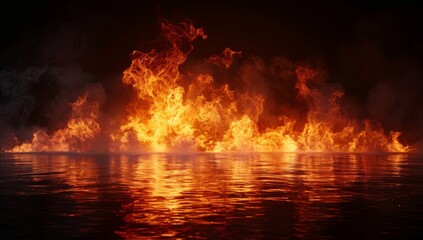 A fiery explosion is reflected in the water