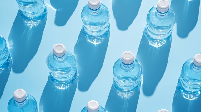 Minimal Pattern from Plastic bottles drinking water at sunlight with shadow on pastel blue aesthetic top view wide banner. Pollution environmental protection. Eco trend to reduce disposable plastics