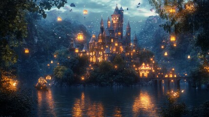 Obraz premium Enchanted Castle: Glowing Lanterns and Magical Creatures - AR 169_2