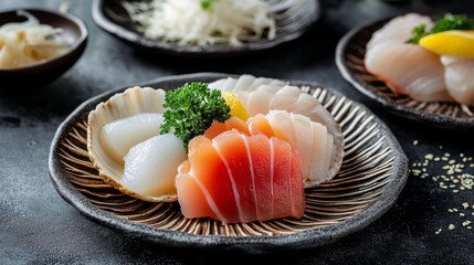Sashimi sushi set with scallop on shell with daikon and lemon on plate on dark background