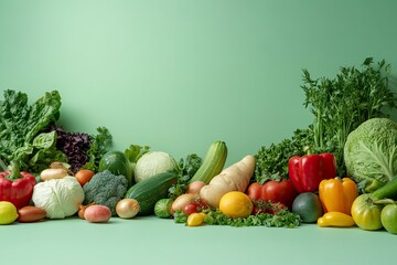 The template for designing with front angle on light green background. Fresh vegetables and fruits scattered placed on counter, empty space for product advertising and placement, ai