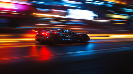 Dynamic racing car speeds through brightly lit city streets 
