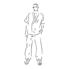 black and white line art illustration of a stylish man standing like a model
