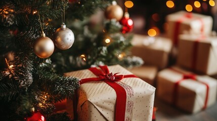 Close-up of a beautifully wrapped Christmas gift under a decorated Christmas tree with red ribbon, ornaments, and twinkling lights in the background.