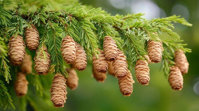 Closeup of cones of a weeping deodar cedar tree