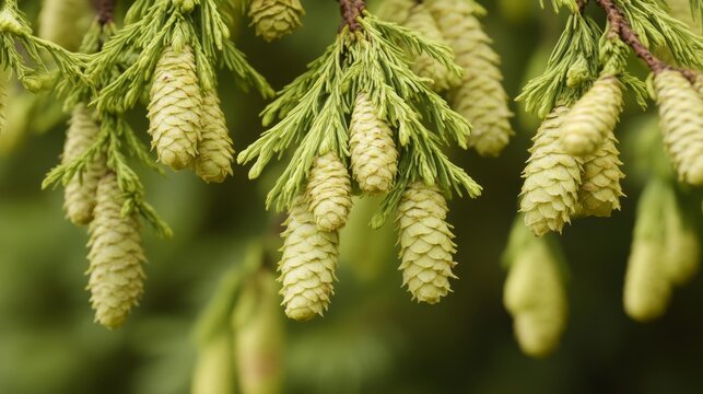 Closeup of cones of a weeping deodar cedar tree