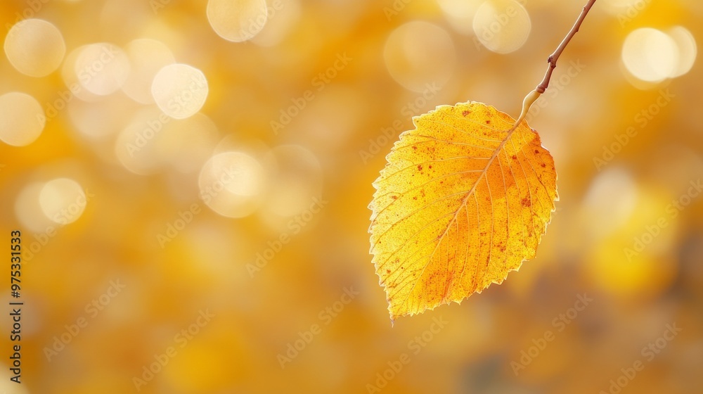 Poster close-up of yellow autumn leaf with golden bokeh background