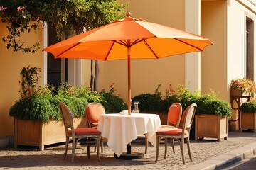 Fototapeta premium A charming street cafe scene set against a warm, sunny backdrop