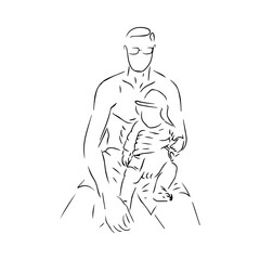 line art illustration of a father holding his baby son in black and white