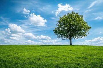 Obraz premium Green grass field lawn with tree and blue sky Green Meadows Beautiful Journey Through Nature Great as a background, web banner , ai