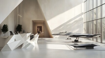 Modern Office Design: Geometric Art & Jet Fighter Models