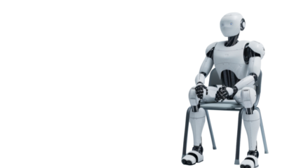 Robot waiting for a job interview AI sitting on chair on transparent background