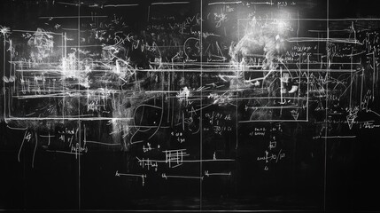 A chalkboard with white chalk drawings and equations, representing a complex thought process.