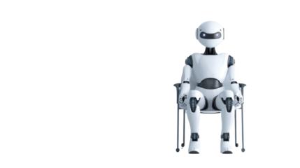 Robot waiting for a job interview AI sitting on chair on transparent background