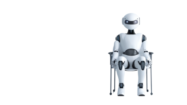 Robot waiting for a job interview AI sitting on chair on transparent background