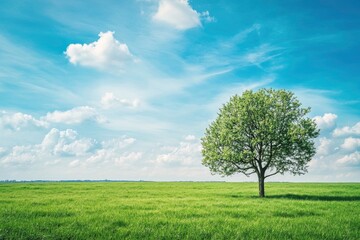 Green grass field lawn with tree and blue sky Green Meadows Beautiful Journey Through Nature Great as a background, web banner , ai