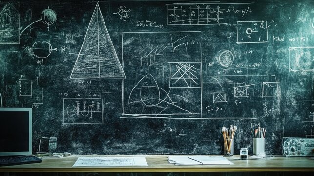 A chalkboard with a variety of mathematical equations, diagrams, and symbols written on it, a computer, and a desk with some pencils, an open notebook, and a glass of water. - Powered by Adobe