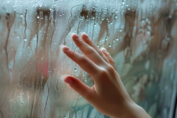 Woman wipes water condensation from window during high humidity at home in the morning
