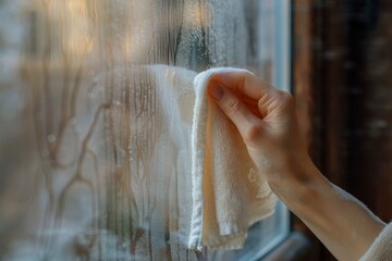 Woman wipes condensation from a fogged window at home to reduce high humidity and improve ventilation
