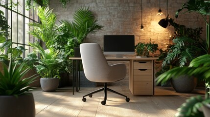 Obraz premium Boost Productivity with a Comfortable Office Chair, Natural Plants, & Soft Lighting