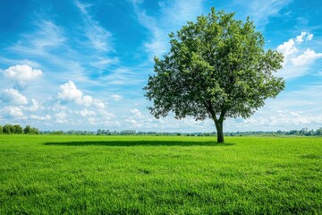 Obraz premium Green grass field lawn with tree and blue sky Green Meadows Beautiful Journey Through Nature Great as a background, web banner , ai