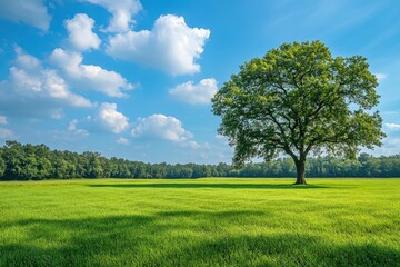 Obraz premium Green grass field lawn with tree and blue sky Green Meadows Beautiful Journey Through Nature Great as a background, web banner , ai