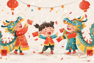 Chinese New Year, a group of children playing happily together with illustrations