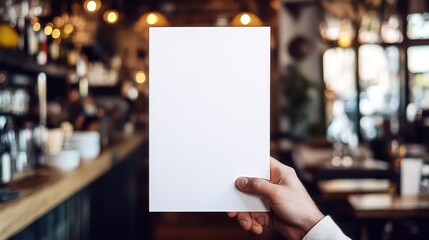 Blank white flyer mockup held by a hand in a cafe setting.