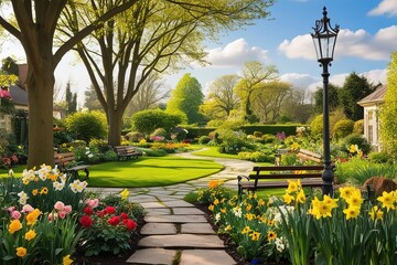 Naklejka premium A serene park setting within a lush home garden, surrounded by vibrant greenery and a variety of colorful flowers